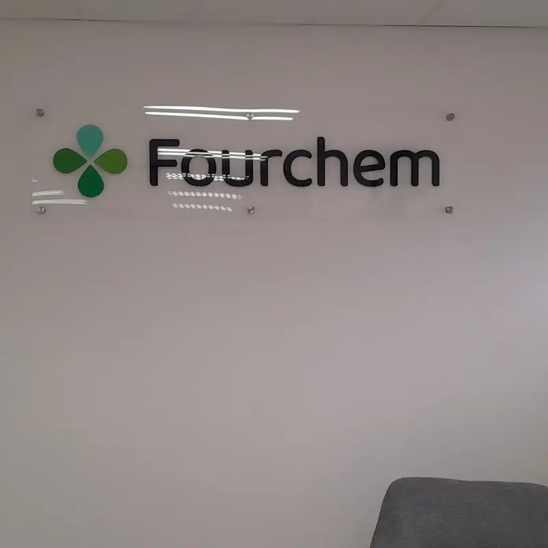 Completed corporate building signage for Fourchem, featuring prominent company identification for professional commercial premises.